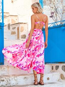 SHEIN VCAY In Toàn bộ Ca-vát Backless Váy Dây - Hồng - Xem 2