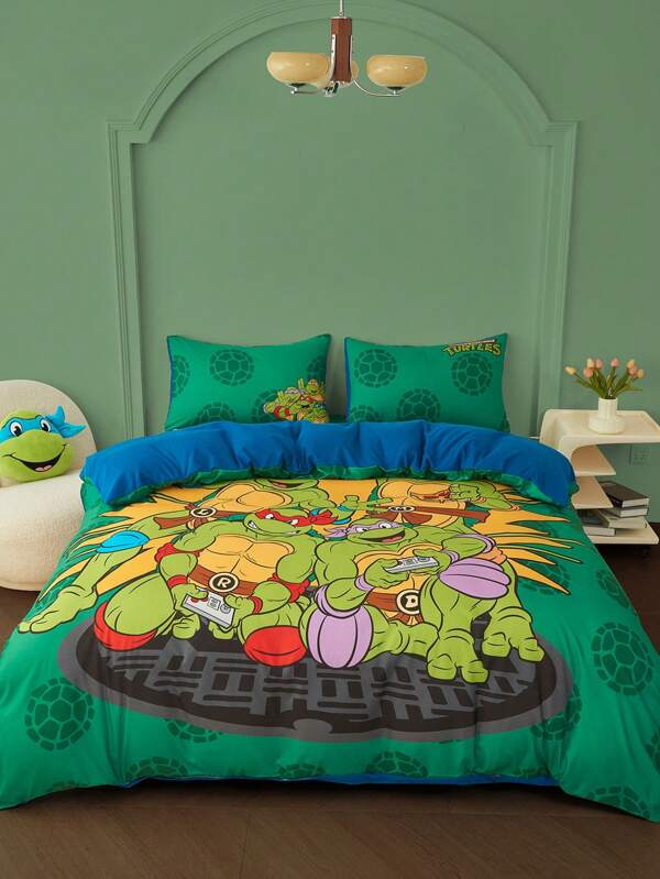 TEENAGE MUTANT NINJA TURTLES X SHEIN Cartoon Turtle & Letter Print Duvet Cover Set