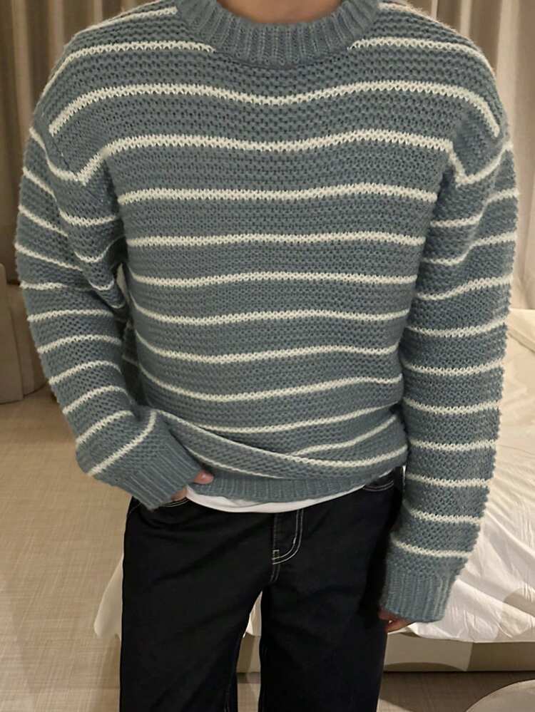 Men Striped Crew Neck Long Sleeve Casual Knitted Sweater, Autumn/Winter
