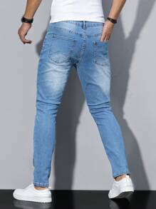 Manfinity Homme Men Plain Ripped Pocket Casual Versatile Denim Jeans - Light Wash - View 2