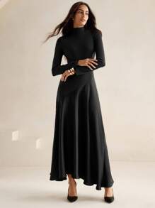 Anewsta City 优雅针织拼布高领长袖细肩带 A 字形连衣裙