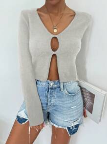 Chiquease Women's Casual Solid Color V-Neck Long Sleeve Sweater Knit Pullover Fall Winter - Grey - View 5