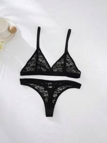 SHEIN Women's Classic Sexy Black Lace Lingerie Set With Spaghetti Strap Bra And Thong, Baddie Look - Black - View 11