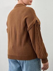 RueChic Plus Relaxed Fitted With Cable Knit Designed Circular Neck Sweater With Balloon Sleeve - Brown - View 2