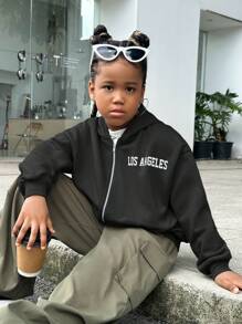 SHEIN Tween 女童星星印花连帽休闲长袖运动衫，秋冬款 - 黑色 - 查看 7