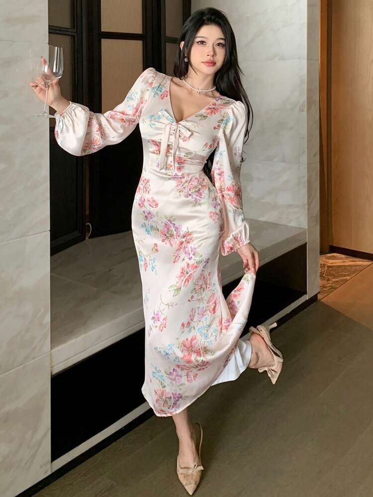 All-Over Floral Print V-Neck Long Sleeve Dress For Women,Ruffle,Fall Clothes