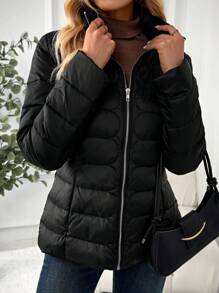 EMERY ROSE Women Solid Color Long Sleeve Zip Up Casual Down& Feathers Jacket, Winter