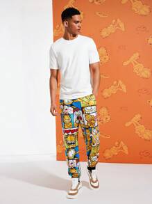 GARFIELD | SHEIN Men Casual Letter & Cartoon Patchwork Print Slanted Pocket Loose Jogger Pants, Fall - White - View 2