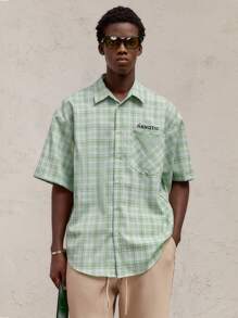 AKNOTIC Party Christmas Men's Loose Fit Reversible Color Block Check Print Letter Decoration Turn-Down Collar Short Sleeve Casual Shirt, Suitable For Christmas And Parties - Green - View 3