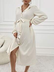 SHEIN Vestido camisa informal de manga larga y abotonado sencillo para embarazada, unicolor, otoño