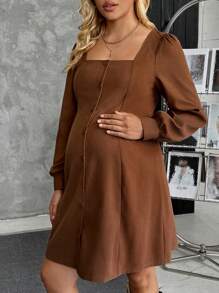 SHEIN 孕妇休闲纯色灯笼袖前扣连衣裙（秋季） - 咖啡 - 查看 6
