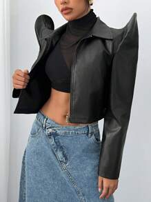 SHEIN SXY Casual Asymmetric Sleeve Short PU Jacket For Women, Sexy Style, Autumn/Winter