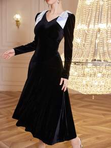 Modelyn 女式天鹅绒长裙，下摆带超大蝴蝶结设计，优雅长款晚礼服 - 黑色 - 查看 3