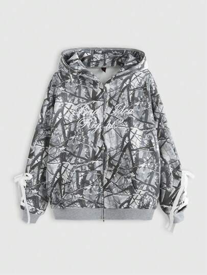 Street Life Sudadera con capucha de mujer con estampado de camuflaje, lazo y letras, manga larga, estilo callejero Y2K