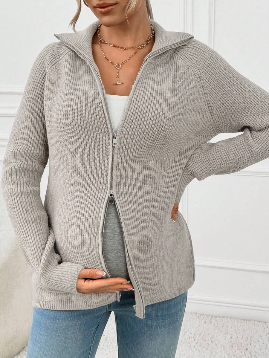 SHEIN 孕妇纯色翻领拉链休闲针织毛衣，适合冬季 - 淺灰色 - 查看 1