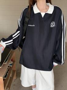 DAZY 1pc Women Casual Side Stripe Drop Shoulder Long Sleeve Loose Sweatshirt, Autumn - Blue - View 7