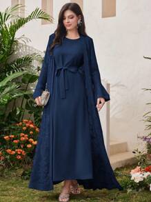 Al Najma 1套女式纯色圆领长袖束带连衣裙+长袖阿拉伯长袍套装 - 藍色 - 查看 4