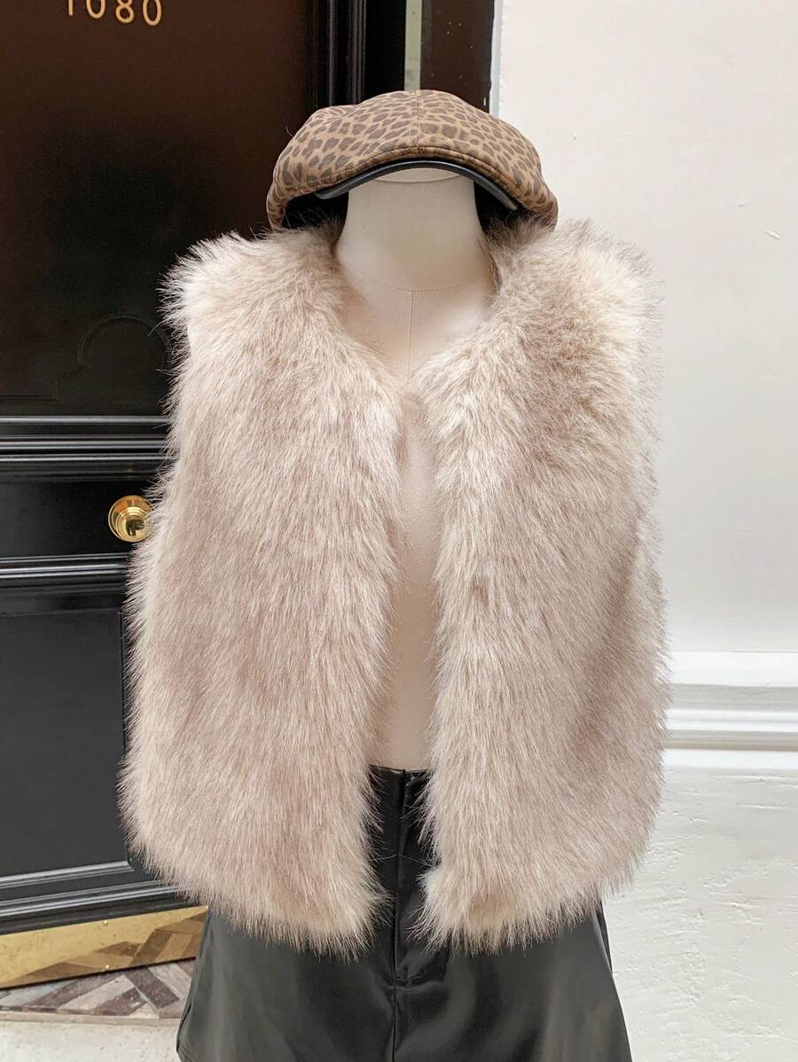 Young Girl Furry Gradient Color Block Open Front Fuzzy Coat Sleeveless Vest,Cute Casual National Style Fashionable Mom & Daughter Matching,Fall/Winter - Apricot - View 1
