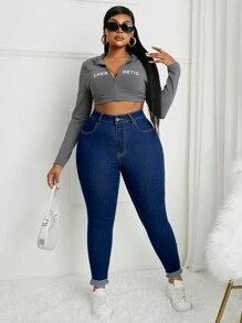 SHEIN SXY Plus Size Women Casual Zip Up Skinny Jeans