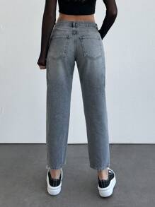 SHEIN MID-TAILLE GESCHEURDE MOM FIT GRIJZE JEANS