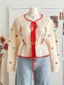 Dreamara 大码女式米色底花卉印花彩色撞色罗纹饰边流苏系带开衫毛衣，休闲波西米亚风格 - 彩色 - 查看 6