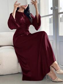 Modelyn 勃艮第红色女士纯色缎面优雅收腰连衣裙，优雅晚会礼服长款晚礼服 - 酒紅色 - 查看 4