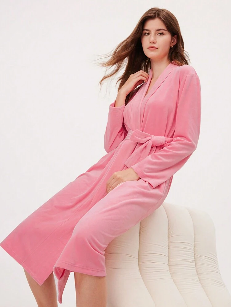 Bata de terciopelo rosa ropa de dormir Kimono suave Albornoz de spa de larga duración Ropa de estar en casa ligera