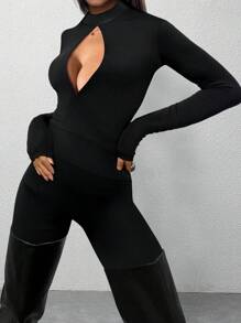 SHEIN SXY Women Solid Color Hollow Stand Collar Long Sleeve Sexy Skinny Jumpsuit