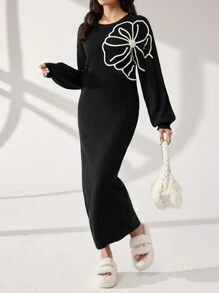 Modelyn Damen Strickpulloverkleid mit kontrastfarbener Stickerei und 3D-Blumenmuster und langen Ärmeln, Drop-Shoulder - Schwarz - Übersicht 3