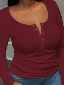 Slaydiva Camiseta de manga larga de corte slim con cuello cuadrado, en color rojo, para talla grande, uso casual y de combinación fácil