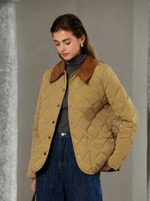 Aveloria Modichic 卡其色拼接灯芯绒立领长袖加厚棉服外套冬季百搭时尚通勤 - 卡其色 - 查看 5