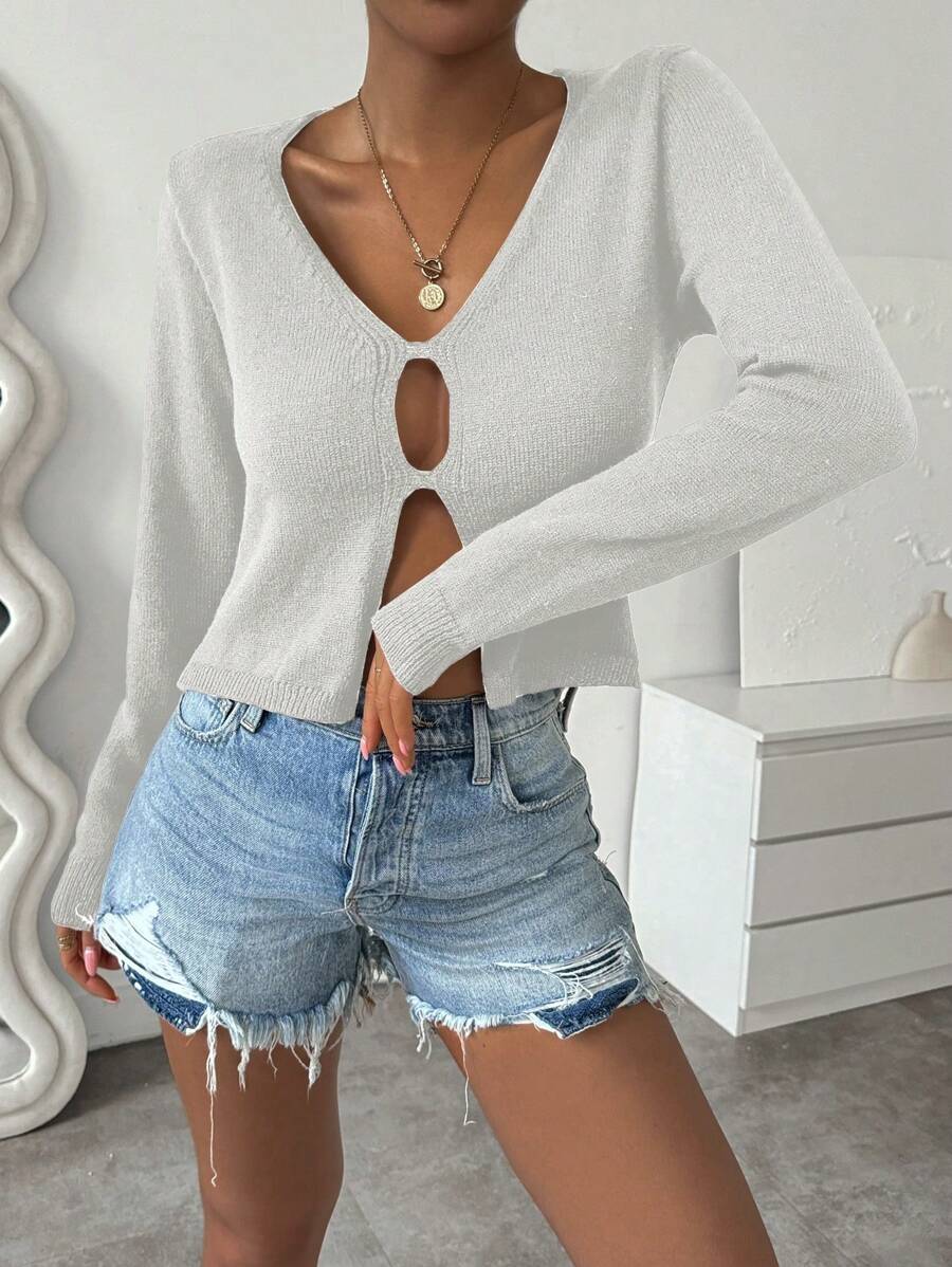 Chiquease Women's Casual Solid Color V-Neck Long Sleeve Sweater Knit Pullover Fall Winter - Grey - View 1