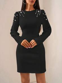 EURMUSE Premium Sprinkled With Sparkling Crystals Embellished Shoulder A-Line Crew Neck Long Sleeve Business To Party Fancy Mini Dress - Black - View 5