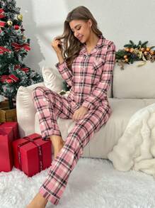 Plaid Print Contrast Piping PJ Set / Pajama Set - Multicolor - View 6