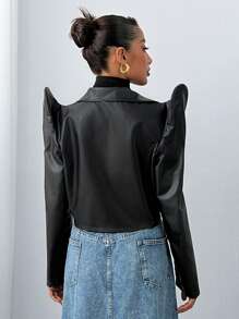 SHEIN SXY Casual Asymmetric Sleeve Short PU Jacket For Women, Sexy Style, Autumn/Winter