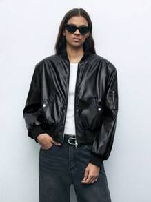 Maija 1 件女士休闲宽松纯色垫肩拉链前口袋长袖夹克，极简时尚日常外套，秋冬季 - 黑色 - 查看 5