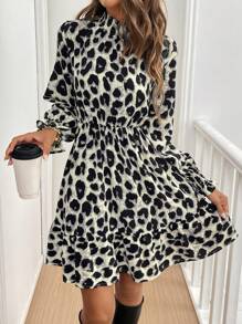SHEIN Frenchy Damen Herbst Leoparden-Muster Stehkragen Langarm kurzes Mini-Kleid
