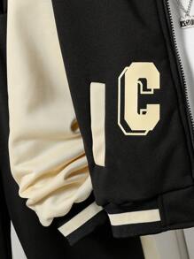 印花袖 Tween 拼色棒球夹克和针织拼布印花运动裤套装