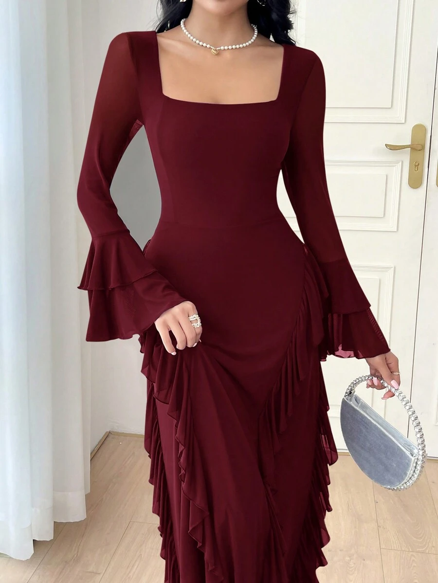 Modelyn 勃艮第红色女士方领长袖褶皱简约长款休闲连衣裙长款晚礼服 - 酒紅色 - 查看 1