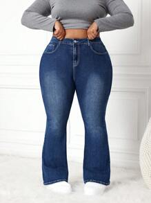 SHEIN CURVE+ 大码性感紧身弹力喇叭牛仔裤，蓝色