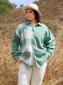 EURMUSE Plus Size Plaid Print Front Button Casual Long Sleeve Jacket - Black - View 6