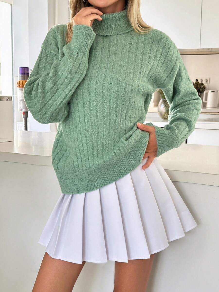 EURMUSE Solid Rib Pattern Turtleneck Pullover Sweater For Autumn & Winter - Mint Green - View 1