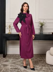 Modelyn Women 3D Floral Cinched Waist Waist Long Dress, Elegant Long Evening Dresses - Red Violet - View 6