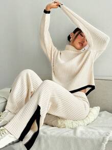 SHEIN Unity 2pcs Elegant Knitted Set: Contrast Color Trim Turtleneck Sweater And Pants - Multicolor - View 3
