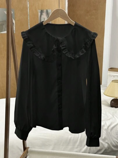 EMERY ROSE 女式白色可爱韩版彼得潘领百搭衬衫，适合内搭/外穿，适合秋冬季，长袖上衣