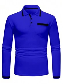 Manfinity Homme 男士休閒拼色長袖 Polo 衫，秋季，藍色襯衫，皇家男士，秋季棉質，正式 - 寶藍色 - 查看 4