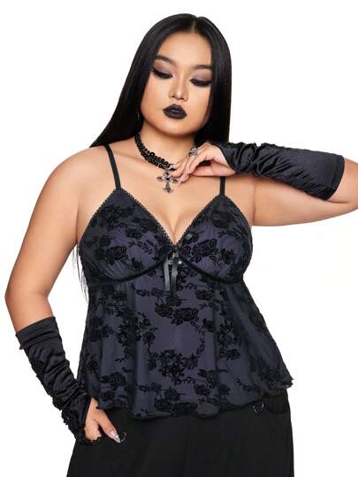 Fairycore Vintage Cross & Floral Flocked Plus Size Women Cami Tank Top