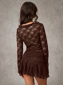 SHEIN BAE Black Sexy Lace Sweet Ruffled Front Straps See-Through Top For Women/Fall Women Outfits/Western Clothing/Cowgirlcore Clothing - Coffee Brown - View 2