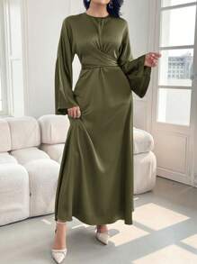 Modelyn 女士纯色缎面优雅收腰连衣裙，优雅晚会礼服长款晚礼服 - 軍綠色 - 查看 7