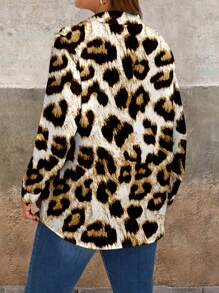SHEIN LUNE Lässiges leopardengemustertes Große Größen-Damen-Langarmhemd mit Hemdkragen und Knopfleiste, geeignet für Herbst und Winter